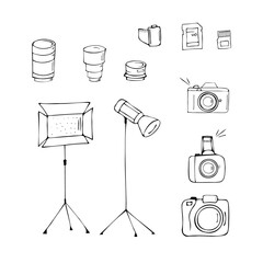 A set of photographic equipment - camera, photo, lenses, flash, spotlight, Micro SD memory card, photographic film, LED panel.