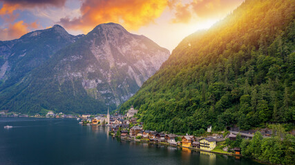 Aerial view of austrian mountain village Hallstatt and Hallstatter lake. Beautiful summer time. Salzkammergut, Austria. Hallstatt village over Hallstatter See, in Salzkammergut, Austria.