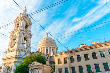 Beautiful architecture of historical buildings on the street of St. Petersburg on Vasilievsky...