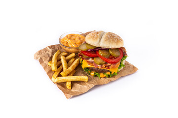 Beef burger with cheese, bacon and french fries isolated on white background