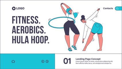 Concept of physical activity, morning exercises, aerobics. Landing page template, web page layout. Vector illustration with women, they make bends, wave hands and happily dance, jump with hula hoop