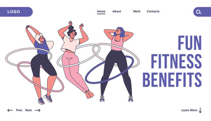Concept of fun training, fitness and aerobics with gymnastics. Vector illustration with dancing, jumping woman spinning hula hoops at the waist. Web page template, landing page layout. 