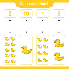 Count and match, count the number of Rubber Duck and match with the right numbers. Educational children game, printable worksheet, vector illustration