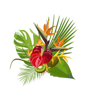 Tropical summer fruit bouquet with kiwi, palm monstera leaves, anturium and exotic flowers. Vector illustration.