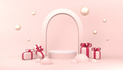 Pink gift box with golden pearls on pastel pink background. 3D rendering illustration for banner, flyer, poster, presentation, sale, discount, greeting card, invitation. 