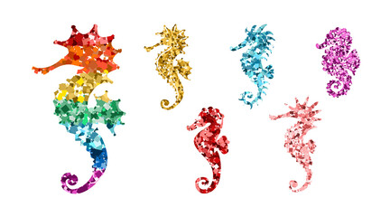 Set of colorful glittering seahorses. Icons with rainbow colors glitter sequins on white for Valentine day, kid's design, wedding invitation, branding, logo, label, LGBT symbol. Vector illustration