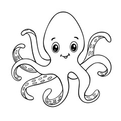 Line sketch of cute cartoon octopus. Coloring book with ocean animals. Vector illustration funny character.