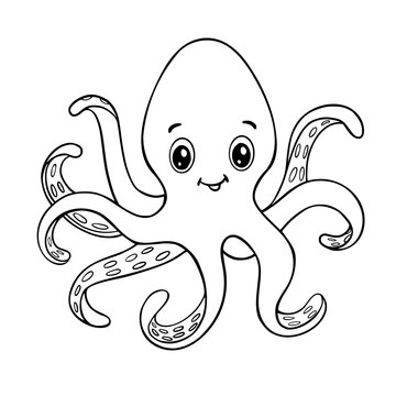 Line sketch of cute cartoon octopus. Coloring book with ocean animals. Vector illustration funny character.