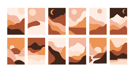 Abstract landscape. Vector set of minimalist abstract background with mountains, rivers, deserts, forest, sun. Wave pattern. Contemporary collages. Mountain template. Vertical banners for web, blog.