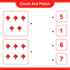 Count and match, count the number of Kite and match with the right numbers. Educational children game, printable worksheet, vector illustration