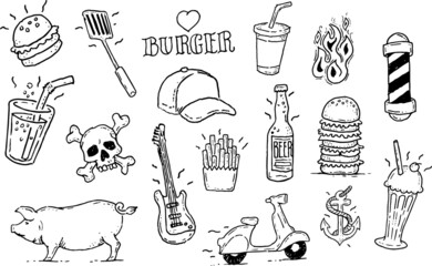 hand drawn set of icons - burger, french fries, skull, guitar, beer, soda, fire, pig