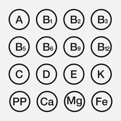 Vitamins vector icons. Vitamin complex.Nutrition signs, isolated. Vitamins group. Vector illustration