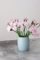 Small pink carnations in a mug on a white wall background, part of a home interior