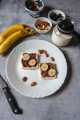 Healthy breakfast food ingredients on  background. Concept of delicious and healthy food. Top view.