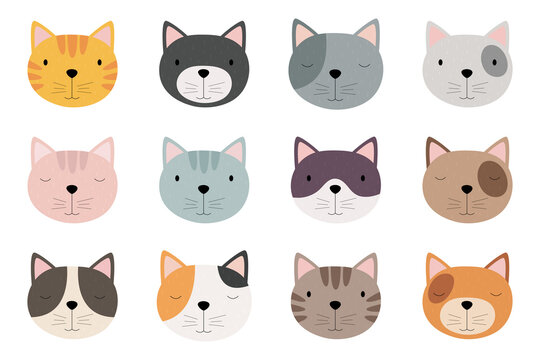 A set of cute cartoon cat faces. Suitable for children's posters, fashion design, party invitations, birthday cards. Vector illustration
