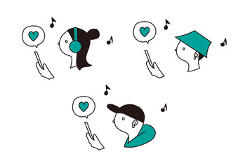 スマートフォンで音楽を聴く人々のイラストセット