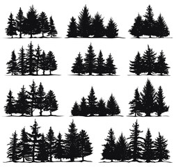 Christmas trees silhouettes. Spruce nature fir trees, coniferous forest evergreen pines isolated vector illustration set © WinWin