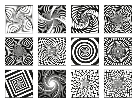 Hypnotic spirals. Vortex motion hypnotise spirals, rotating motion spiral elements vector illustration set. Abstract hypnotic spirals