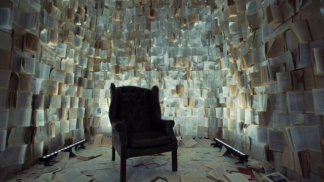 There is an empty black chair in the room. instead of wallpaper, pages from books are pasted on the walls. The apartment is a performance.
