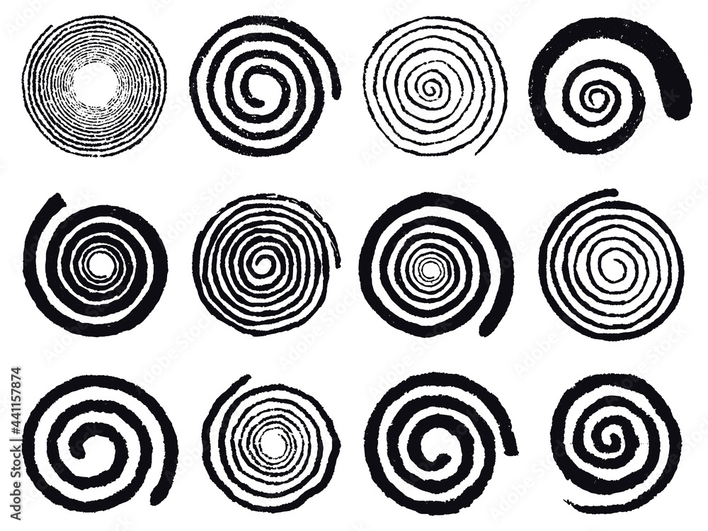 Poster grunge spirals. swirling abstract simple rotating spirals, black ink spiral circles isolated vector 