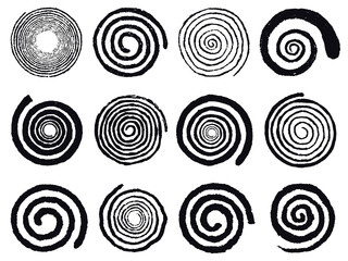 Grunge spirals. Swirling abstract simple rotating spirals, black ink spiral circles isolated vector illustration set. Vortex swirl elements - obrazy, fototapety, plakaty