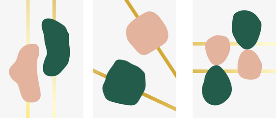 Collection of modern minimalistic abstractions with geometric shapes with gold on gray background