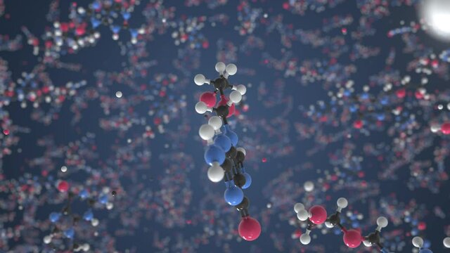 Acyclovir molecule, conceptual molecular model. Scientific looping 3d animation