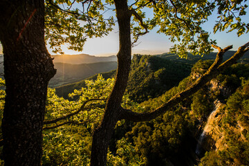 Spring sunrise in Salt De Coromina waterfall, La Garrotxa, Spain