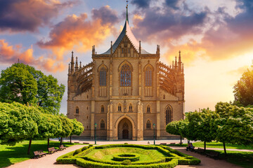 Fototapeta na wymiar View of Kutna Hora with Saint Barbara's Church that is a UNESCO world heritage site, Czech Republic. Historic center of Kutna Hora, Czech Republic, Europe.