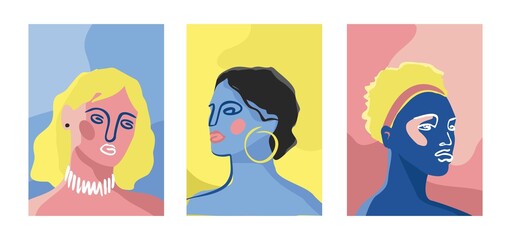 Set of decorative posters with modern portraits of young women of different nationalities. Collection of backgrounds with beautiful girls ' art colorful faces drawn with a line. Vector illustration.