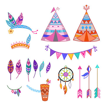 Vector colorful isolated cute cartoon tribal set