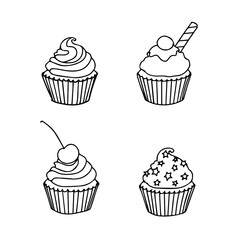 Cupcake hand drawn illustration. set of vector cupcakes for your design. doodle isolated on white background