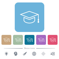 Graduation cap flat icons on color rounded square backgrounds