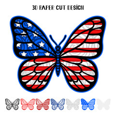 4th of July 3D Butterfly with USA flag. Independence Day. Vector patriotic symbol. Layered insect. Paper or laser cut template, printing on t-shirt,sublimation. For card, banner, flyer.