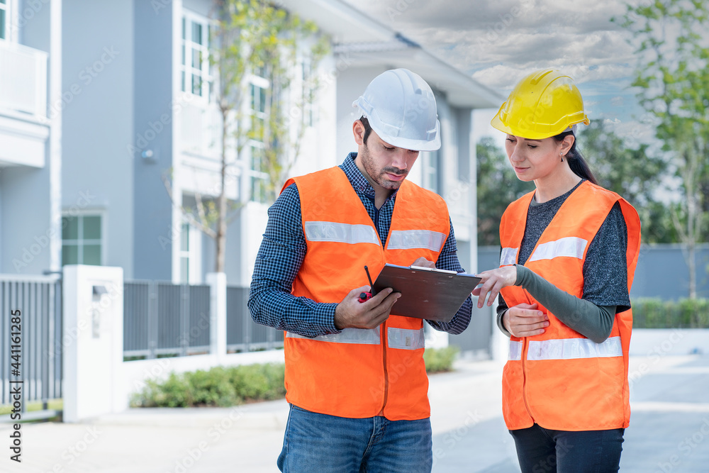 Wall mural a male engineer checks a document with a female engineer and deliver the construction of houses in t