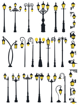 set of street lamp, silhouette isolated, vector