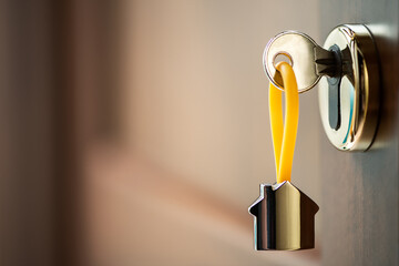 House key in the door. Close House key on a house shaped silver keyring in the lock of a entrance...