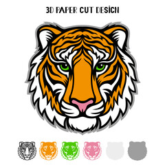 3D Tiger. Symbol 2022 New Year. Vector layered template for laser and paper cutting, printing on a T-shirt, mug. Animal silhouette.Flat style. Hand drawn decorative element for your design.