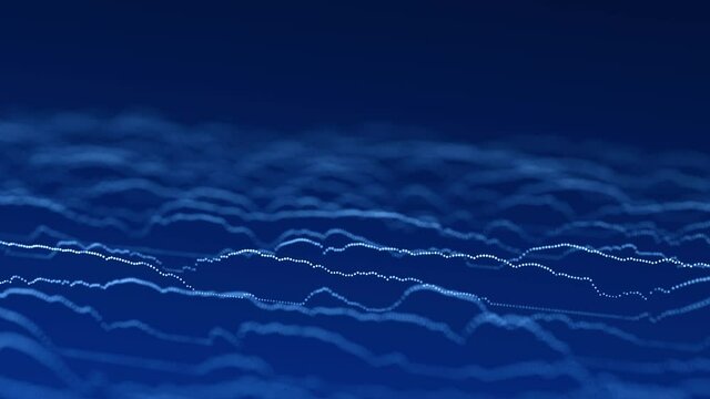 Digital wave background with moving glowing particles. Futuristic hi-tech illustration. Concept of data transfer in cyberspace. Big data visualization. 3d rendering.