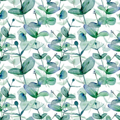 Green eucalyptus twigs watercolor seamless pattern design