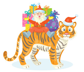 Happy Santa with gifts sits on the back of a large tiger - a symbol of the New Year. In cartoon style. Isolated on white background. Vector illustration