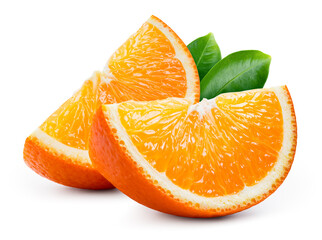 Orange slice isolate. Orange fruit slices with leaves on white background. Orang with clipping...
