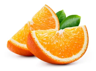 Plexiglas foto achterwand Orange slice isolate. Orange fruit slices with leaves on white background. Orang with clipping path. Full depth of field. © MarcoFood