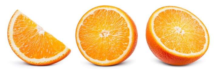Orange slice isolate. Orange fruit half and slice set on white background. With clipping path. Full...
