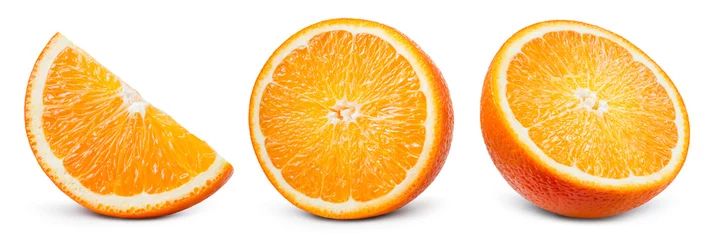 Fotobehang Orange slice isolate. Orange fruit half and slice set on white background. With clipping path. Full depth of field. © MarcoFood