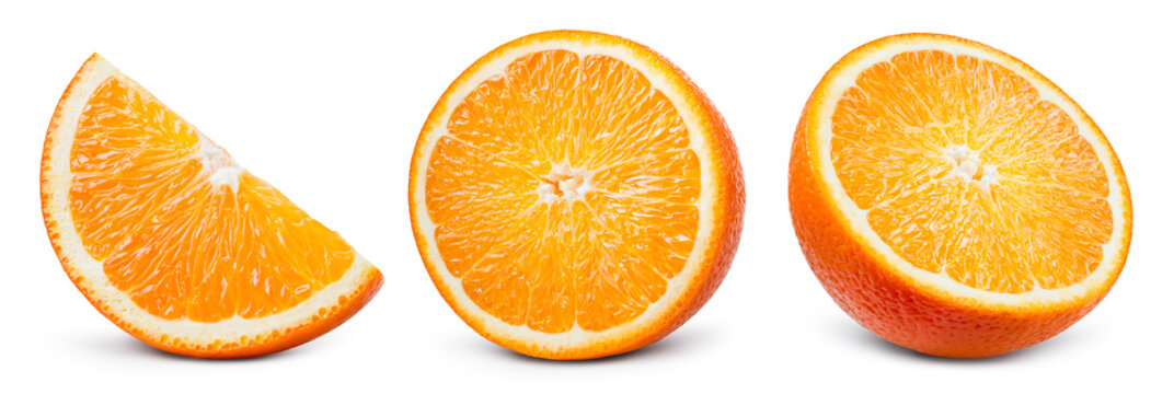 Orange slice isolate. Orange fruit half and slice set on white background. With clipping path. Full depth of field.
