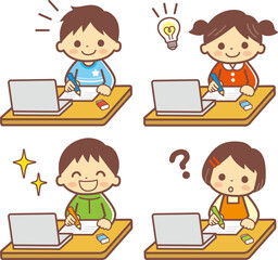 オンライン学習する子供のイラスト＿ ライン有ブラウン