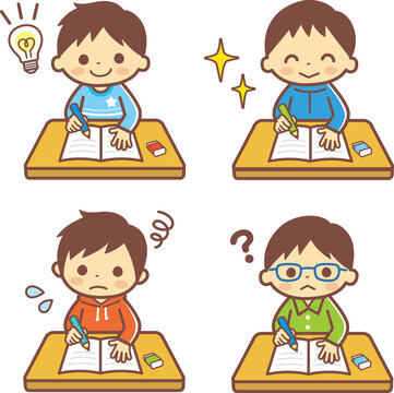 勉強する男の子のイラスト_ライン有ブラウン