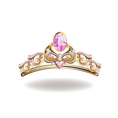 Princess crown or tiara with pearls and pink gems in the shape of a heart vector illustration isolated on white background. © liana2012