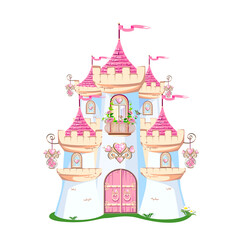 A beautiful pink castle of a beautiful princess with a balcony and heart-shaped jewels, towers, windows and gates. Vector illustration of fairy tale architecture on a white background.